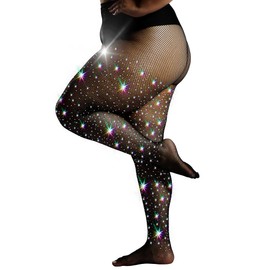 HONENNA Queen Plus Size 10X Strong Rhinestone Fishnet Stockings, Ultra Sparkly High Waist Tights for Women, Party Concert, 1 Pair Black 3XL-4XL Tall
