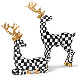 Yookeer 2 Pcs Christmas Reindeer Decoration Small Rattan Deer Figurines Christmas Tabletop Reindeer Statue Centerpiece Ornaments for Mantel Fireplace Living Room Bedroom Decor(Black and White Grid)