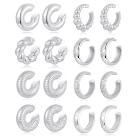 Tornito 8 Pairs Chunky Ear Cuffs Earrings Non Piercing Round Huggie Clip on Cartilage Minimalism Ear Clip Earrings for Women Silver Tone