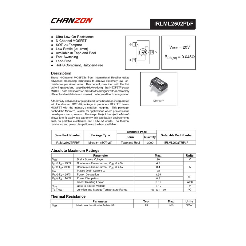 Chanzon 50pcs IRLML2502 SOT-23 Power Sic MOSFET IRLML2502TRPBF 4.2A Transistor