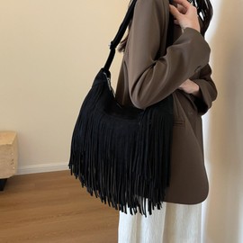 RJDBBD Women Vintage Suede Fringe Hobo Bag Tote Shoulder Bag Crossbody Bag and Hippie Western Cowgirl Purse Shoulder Bag,Black