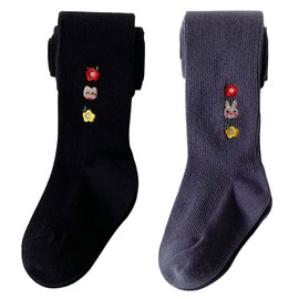 Snegyu Pack of 2 Children's Girls' Tights, Cotton Tights, Baby Girls' Leggings, Floral Embroidery, Patterned Toddler Tights for 0-9 Years, Black+Gray Pattern A