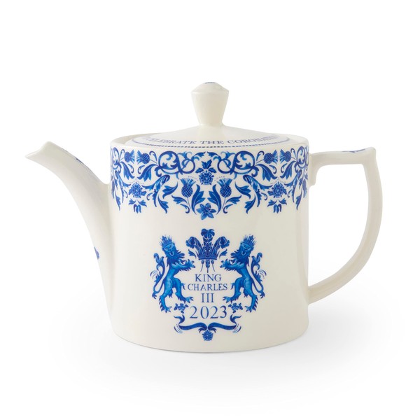 Portmeirion Home & Gifts KCC00600 Spode King Charles III Coronation Teapot 1.1L, Blue & White Pattern UK Made