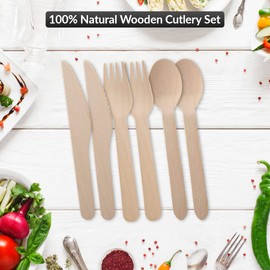 1Above 100Pk Disposable Wooden Cutlery Set, 100% Natural and Biodegradable, Eco-Friendly Cutlery Set for Wedding, Office and Party Picnic (Cutlery Set)