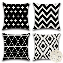 JOTOM Set of 4 Waterproof Cushion Covers 40x40 cm Outdoor Throw Pillow Covers 16x16 Inch Modern Geometric Decorative Pillow Cases for Patio Garden Porch Bench Sofa Indoor Bed (Black)