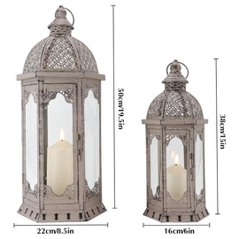 JHY DESIGN Set of 2 Decorative Candle Lanterns 22"&17" H Vintage Metal Candle Holder for Garden Indoor Outdoor Parties Weddings Patio Home Decor(Grey with Black Brush)