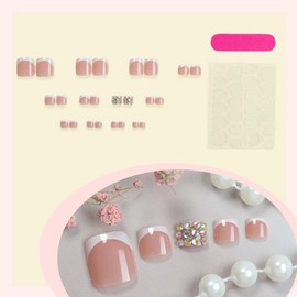 French Tip Press On Toenails Square Fake Toenails With Rhinestone Design Summer False Nails Short Acrylic Nails Full Cover Artificial Toenails Cute Glue On Toenails Stick On Toenails For Women 24pcs
