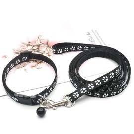 Small Dog Puppy Pet Cat Kitten Collar and Lead Set Pawprint Design Nylon Adjustable with Bell Leash (Black, One Size)