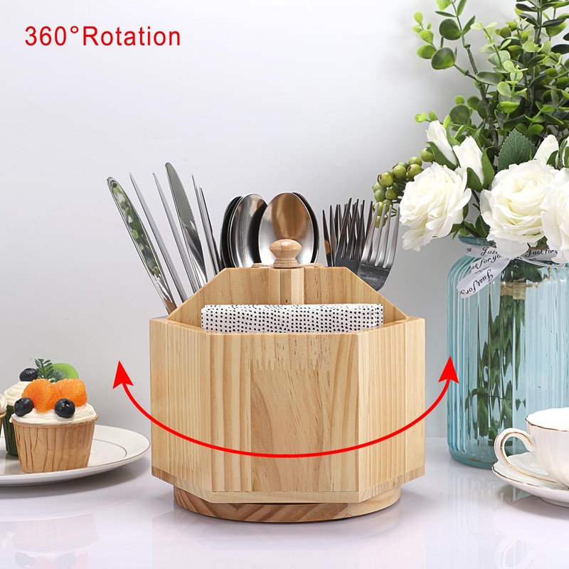 BSTKEY Wood Rotating Kitchen Utensil Holder, Countertop Kitchen Tableware Storage