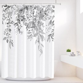 Tititex Light Grey Eucalyptus Shower Curtain Sets, Bright Watercolor Gray Leaves on The Top Plant with Floral Bathroom Decoration 72x78 Inch with Hooks