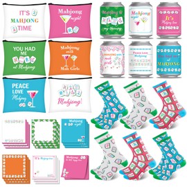 24Pcs Mahjong Gift Set Mahjong Socks for Women Makeup Bags Mah Jong Party Can Coolers Sticky Notes Pads for Mah Jong Lovers Players Valentine Birthday Gifts Accessories Party Favors Supplies