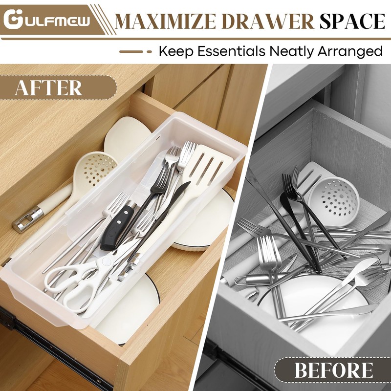 Gulfmew 1 Pack Deep Drawer Organizer Bins, Adjustable Sliding Drawer