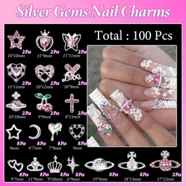 100 PCS 20 Styles Silver Nail Charms, Heart Cherry Nail Art Jewelry 3D Butterfly Nail Gems Charms for Nails, Metal Saturn Crown Star Nail Alloy Charms Nail Art Design Accessories DIY