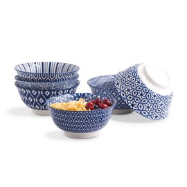 Selamica Porcelain 11oz Bowls Set - Set of 6, ceramic bowls for Dessert, Ice Cream, Vintage Blue.