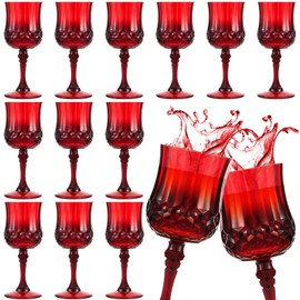 Pinkunn 12 Pcs Red Patterned Plastic Wine Glasses Colorful Goblet Champagne Flutes Glasses Vintage Style Dishwasher Safe Drinking Glasses for Wedding, Reception, Grand Event Party Supplies