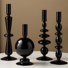 Amanman Candle Stick Candle Holder, Glass Candle Holders for Table Centerpiece, Modern Style Black Candle Holder Mixed 4pcs