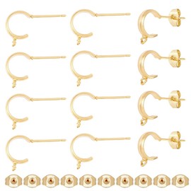 Hobbspring 30Pcs 18K Gold Plated Brass Huggie Earrings Stud Half Hoop Earring Findings with Loop and 30Pcs Butterfly Ear Back for DIY Jewelry Dangle Earring Making