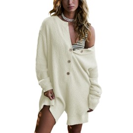 Yeokou Womens Knit Sweater Rompers Casual Long Sleeve Crewneck Button Down Maternity Shorts Jumpsuits(Beige-XS)