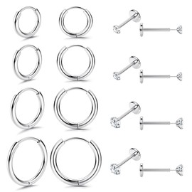 Finrezio 8Pairs Small Tiny Stud Hoop Earring Gold Studs Stainless Steel Earring Sets for Multiple Piercing Cartilage Hoop Earrings for Men Women