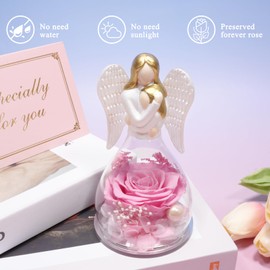 Yamonic Preserved Flowers Rose Mom Birthday Gifts for Mom Daughter, Glass Angel Figurines Eternal Real Rose Gifts for Women Mom Her Grandma Wife Mother on Christmas Anniversary(Pink)