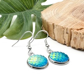 Mermaid Earrings, Shiny Blue Scale Charm Beads on Nickel Free Silver Tone Hooks : 33mm long, Cute Fish Scale Everyday Drop Earrings, Gift Idea for Women, Green Dragon Scales