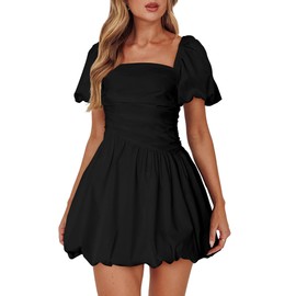 HYPERFIRE Women's Square Neck Short Puff Sleeve Bubble Dress Smocked Ruched Dresses Casual Wear Black Small