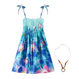 Flenwgo Girls Bohemian Dresses Floral Sleeveless Rainbow Beach Sundress with Necklace Blue US 7-8T