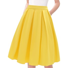 Tandisk Women's High Waist A-Line Pockets Skirt Pleated Flared Midi Skirt with Pockets Yellow M