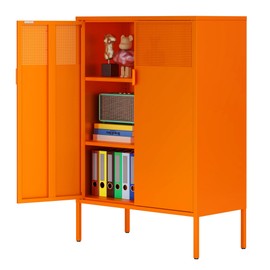 Ustamio Orange 3 Tier Metal Storage Cabinet with Legs, 2 Door Metal Locker Style Accent Storage Cabinet with 2 Adjustable Shelves for Home, Office, Entryway and Hallway
