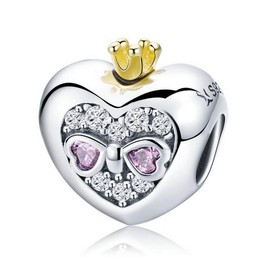 PAHALA 925 Strling Silver Princess Crown Pink Heart Charms Charm
