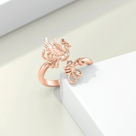ABIGY Phoenix Ring 925 Sterling Silver Phoenix Jewellery Phoenix Adjustable Ring Feather Ring Pink Gold Ring Animal Ring for Women