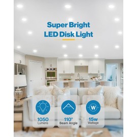 Sunco 12 Pack 5/6 Inch LED Disk Lights, Disc Lights Ceiling, LED Flush Mount Recessed Can Lighting, 1050 LM, 5000K Daylight, Dimmable, 15W=75W, Damp Rated ETL