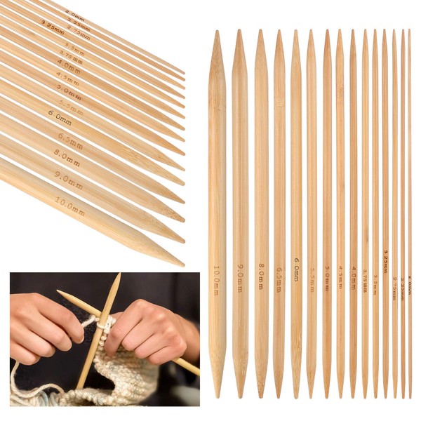 75Pcs Bamboo Knitting Needles Set, 15Sizes Double Pointed Knitting Needles Kit for Beginner Adult, Professional, Kid, 2mm 2.25mm 2.75mm 3.25mm 3.5mm 3.75mm 4mm 4.5mm 5mm 5.5mm 6mm 6.5mm 8mm 9mm 10mm