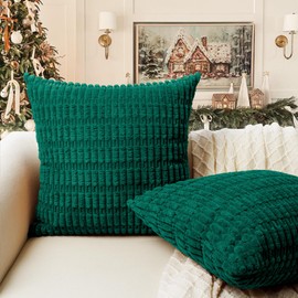 Softalker Christmas Throw Pillow Covers 16x16 Inch, Set of 2, Corduroy Soft Striped Farmhouse Boho Pillow Cover, Modern Decorative Cushion Pillow Case for Couch Sofa Bedroom Living Room(Green)