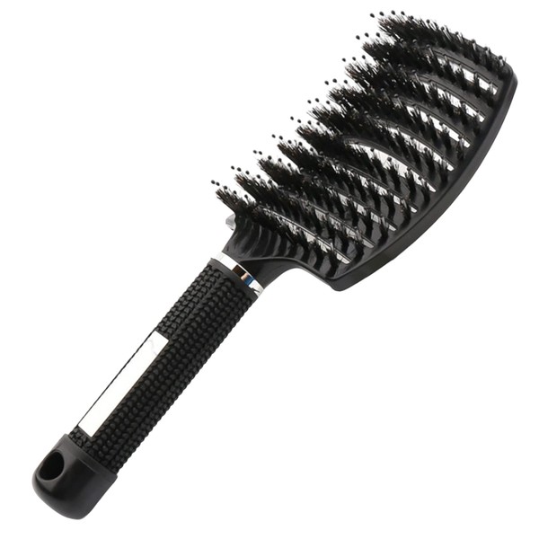 YUNAI Boar Hair Brush, Anti-static Curved Comb, Easy to Dry Hair,Suitable for Men and Women to Nourish Hair and Massage Scalp (Black)
