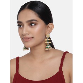 Aheli Enamel Kundan Pearl Wedding Drop Dangle Earrings Flower Shape Jhumki Ethnic Bollywood Fashion Jewelry Gift for Women Green