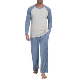 MLXSJ Men's Pajamas Set Sleepwear Pjs Lightweight Long Sleeve Pjs Soft Comfy Sleep Sets with Pockets (Gray Blue-Light Gray, M)