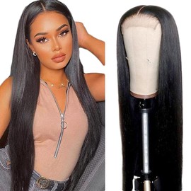 Straight Human Hair Wig 4X1 T-Part Lace Frontal Human Hair Wigs No Tangle Pre Plucked Glueless Brazilian Remy Hair With Baby Hair For Women 1B Natural Black Color 34 Inch