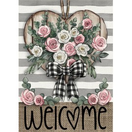 Covido Welcome Valentine's Day Pink Rose Flower Decorative Garden Flag, Love Gray Stripes Plaid Bow Farmhouse Yard Outside Decorations, Anniversary Wedding Outdoor Small Home Decor Double Sided 12x18