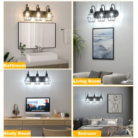Elibbren Retro Style Industrial Bathroom Vanity Light - 3 Lights, Vintage Matte Black Wall Sconce with Caged, E26 Base Farmhouse Wall Light Fixture