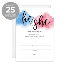 Gender Reveal Fill In Invitations / 25 He Or She Invites With White Envelopes / 5" x 7" Baby Shower Party Event Invites/Made In Canada