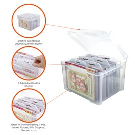WRVCSS Greeting Card Storage & Organizer Box with 6 Removable Dividers for Holiday Birthday Get Well Cards Photos, Crafts, Scrapbooking(Clear)