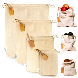 LEAFICO Muslin Cloth Bags with Drawstrings - Set of 8 (S, M, L, XL) - Reusable Natural Cotton Bags for Bulk Food Storage - Canvas Fabric Sachets