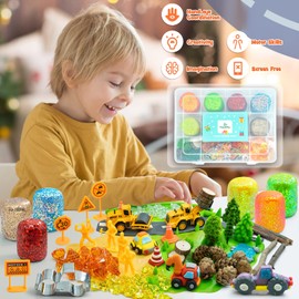 SIMPLIPLAY Construction Sensory Kit with 6 PCS 18oz Glitter Doughs & Accessories(About 80pcs), Color Dough Set, Construction Boy Sensory Kit with Toy Trucks for Kids Toddlers Creative Gift