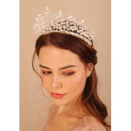 Kercisbeauty Corona de pelo de plata para novia, hecha a mano, estilo bohemio, para el pelo, perlas y cristales, joyería para el pelo (plata)