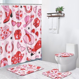 Boewywh 4 Pcs Bathroom Sets with Shower Curtain and Rugs, Vintage Pink Valentine Cowgirl Heart, Bath Decor Retro 60S 70S Western Aesthetic Love Shower Curtain Sets for Bathroom Decor with 12 Hooks