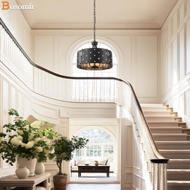 Bosomfr Modern Black Chandeliers Light with Crystal Accents, 5-Light Modern Dining Room Light Fixture,Kitchen Lighting Fixtures Ceiling Height Adjustable Hanging Pendant Light Fixtures for Living Room