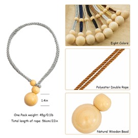 Contoeey Elegant Curtain Tiebacks Rope Drape Tie Back Holder Natural Curtain Ties Window Treatment Holdbacks Wooden Balls,Grey 2pack