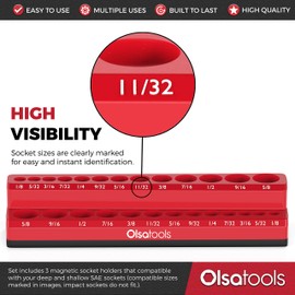 Olsa Tools Magnetic Socket Organizer | 3 Piece Socket Holder Kit | 1/2-inch, 3/8-inch, & 1/4-inch Drive | SAE Red | Holds 68 Sockets | Professional Quality Tools Organizer