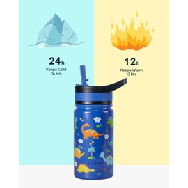 BUZIO 2 Pack Kids Water Bottle for School, 400ml Stainless Steel Vacuum Insulated Sports Water Bottle with Straw Lid, Wide Mouth Leak Proof Drink Flask for Boy Girl(Pink Unicorn+Blue Dinosaur)